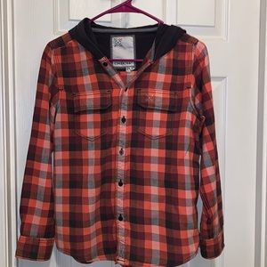 Oxbow Orange Black Plaid Shacket Button Down Long Sleeve Hooded Shirt